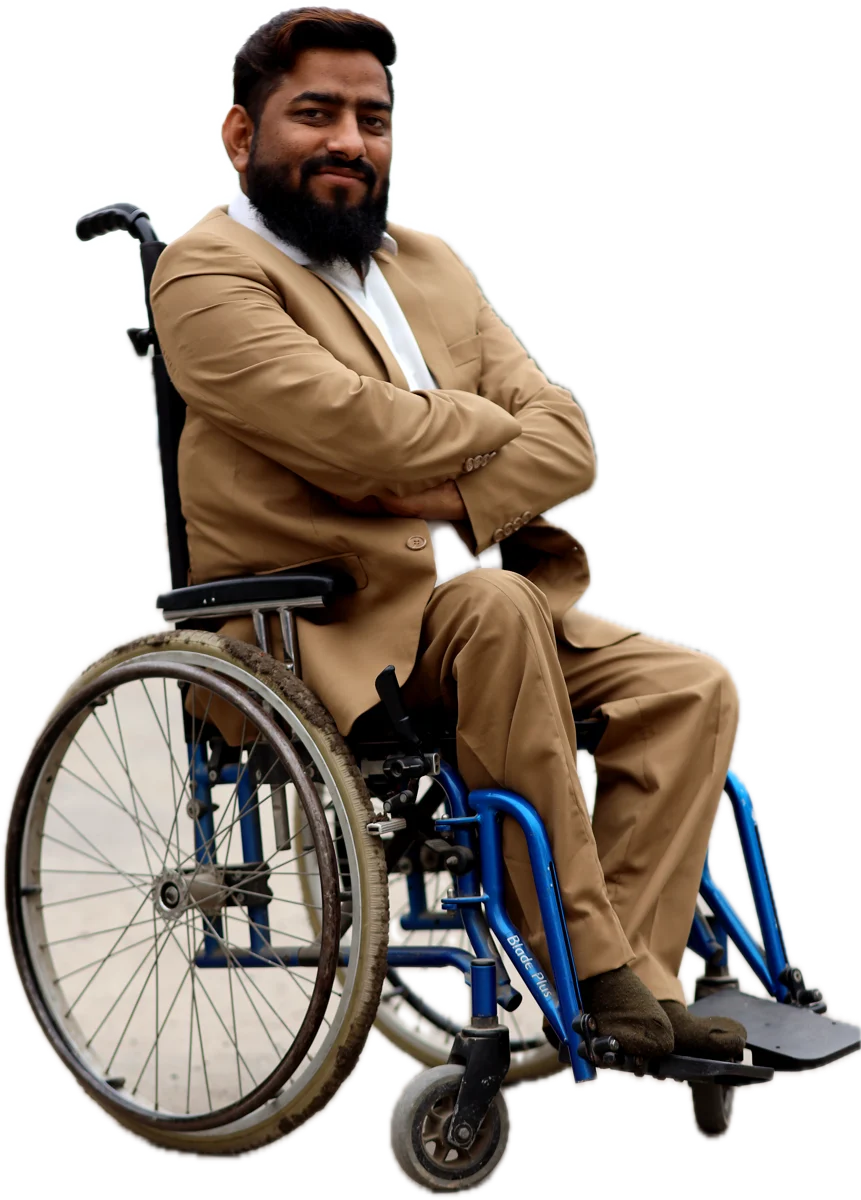 Raheel Nawaz, Founder and CEO of TechNow Pakistan, seated in his wheelchair